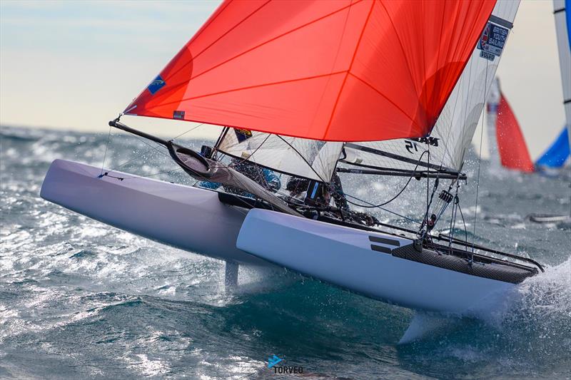 Tom Jones and Izzy Smith (GBR) sailing downwind on Day 2 of the Nacra 15 European Super Series event in Barcelona - photo © Óscar Torveo / Barcelona International Sailing Centre