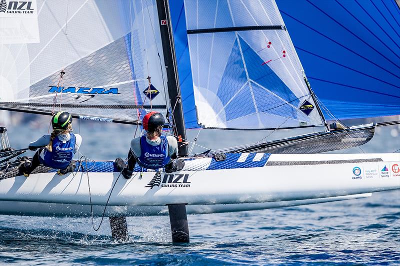 Nacra 17 - NZL- Day 6 - Hempel Sailing World Cup - Genoa - April 2019 photo copyright Jesus Renedo / Sailing Energy taken at Yacht Club Italiano and featuring the Nacra 17 class