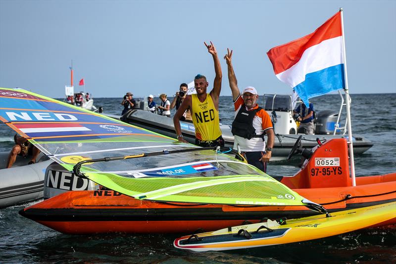 Kiran Badloe and Aaron Mcintosh - RS;X Medal Race - Tokyo2020 - Day 7- July, 31, - - Enoshima, Japan photo copyright Richard Gladwell - Sail-World.com / Photosport taken at Wakatere Boating Club and featuring the RS:X class