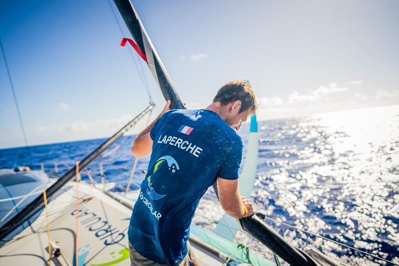 2 February 2023, Leg 2, Day 9 onboard Holcim - PRB Team. Tom Laperche helps to drop the old sail - photo © Georgia Schofield | polaRYSE / Holcim - PRB