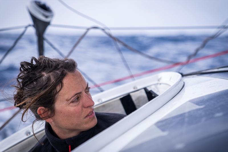 The Ocean Race 2022-23 - 01 March 2023, Leg 3, Day 3 onboard 11th Hour Racing Team. Justine Mettraux checking trim on the new sheet after a gybe - photo © Amory Ross / 11th Hour Racing / The Ocean Race
