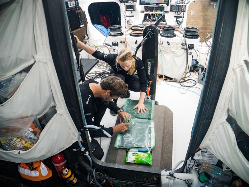 The Ocean Race 2022-23 - 2 March 2023, Leg 3, Day 4 onboard Team Malizia. Will Harris repairing the mast - photo © Antoine Auriol / Team Malizia