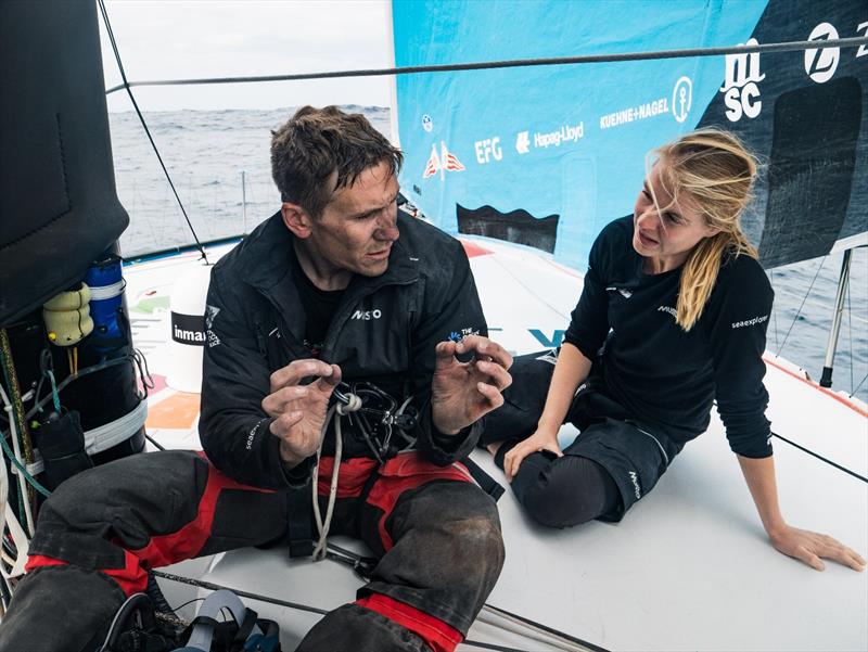 The Ocean Race 2022-23 - 2 March 2023, Leg 3, Day 4 onboard Team Malizia. Will Harris and Rosalin Kuiper repairing the mast - photo © Antoine Auriol / Team Malizia