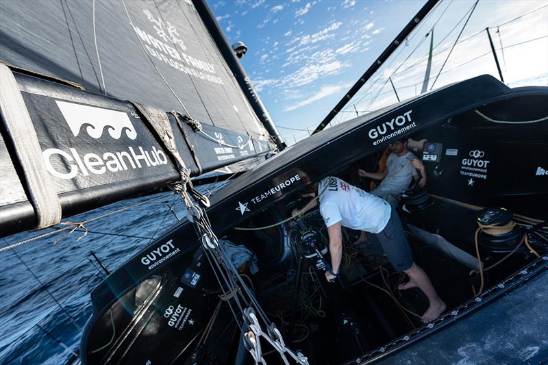 The new partnership of GUYOT environnement - Team Europe with the Berlin-based company CleanHub is presented on the yacht's boom - photo © Gauthier Lebec / GUYOT environnement - Team Europe