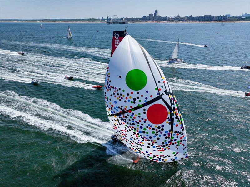 Malizia - Seaexplorer racing into The Hague with her spinnaker designed by artist Sarah Morris - The Ocean Race Leg 6 - photo © Sailing Energy / The Ocean Race