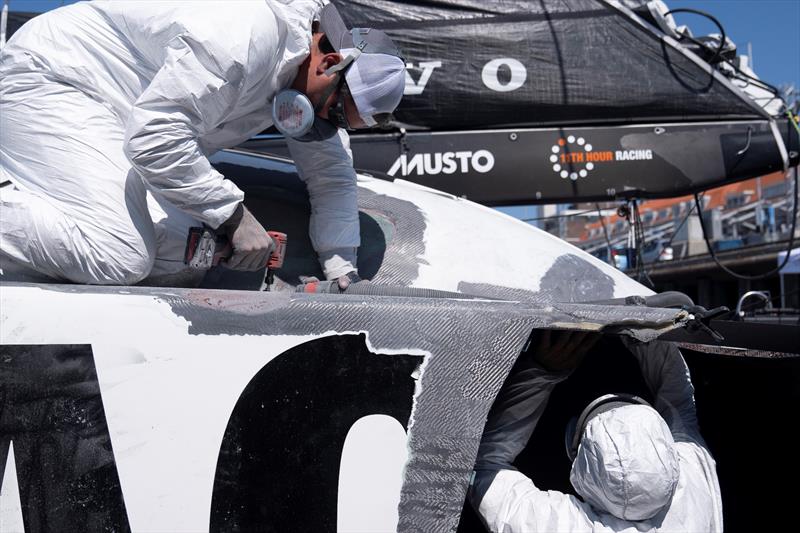 The Ocean Race 2022-23 - Leg 7, June 16, 2023. The 11th Hour Racing Team continues repairs to Malama after a collision during the start of Leg 7 photo copyright Amory Ross / 11th Hour Racing / The Ocean Race taken at  and featuring the IMOCA class