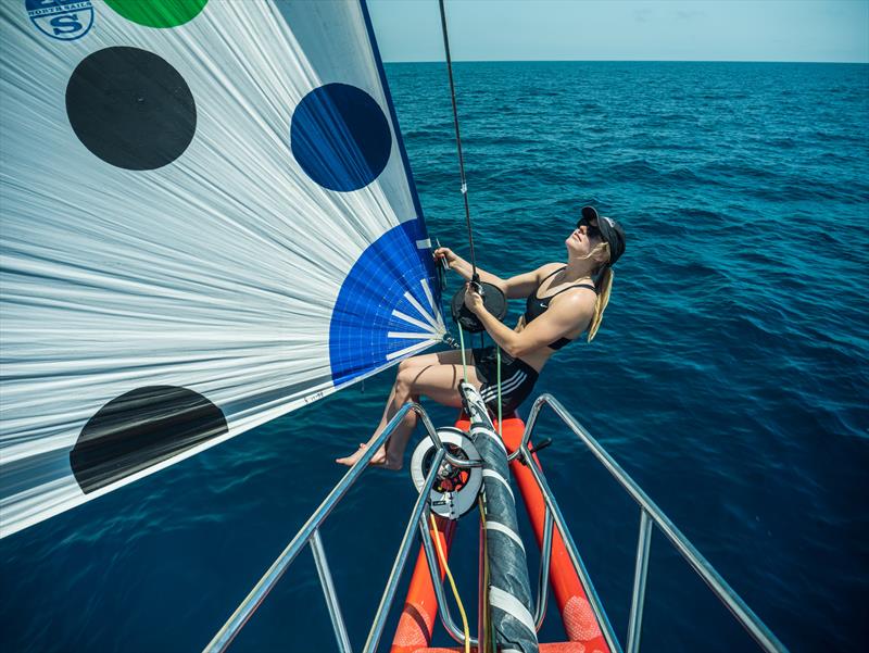 The Ocean Race 2022-23 - 25 June , Leg 7, Day 10 onboard Team Malizia. Rosalin Kuiper at the bowsprit - photo © Antoine Auriol / Team Malizia / The Ocean Race