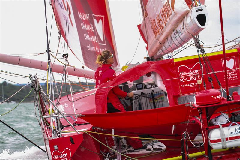 Sam Davies (GBR/FRA) helming her team's IMOCA at the start of the Rolex Fastnet Race - July 26, 2025 - Cowes photo copyright Richard Gladwell - Sail-World.com/nz taken at Royal Ocean Racing Club and featuring the IMOCA class
