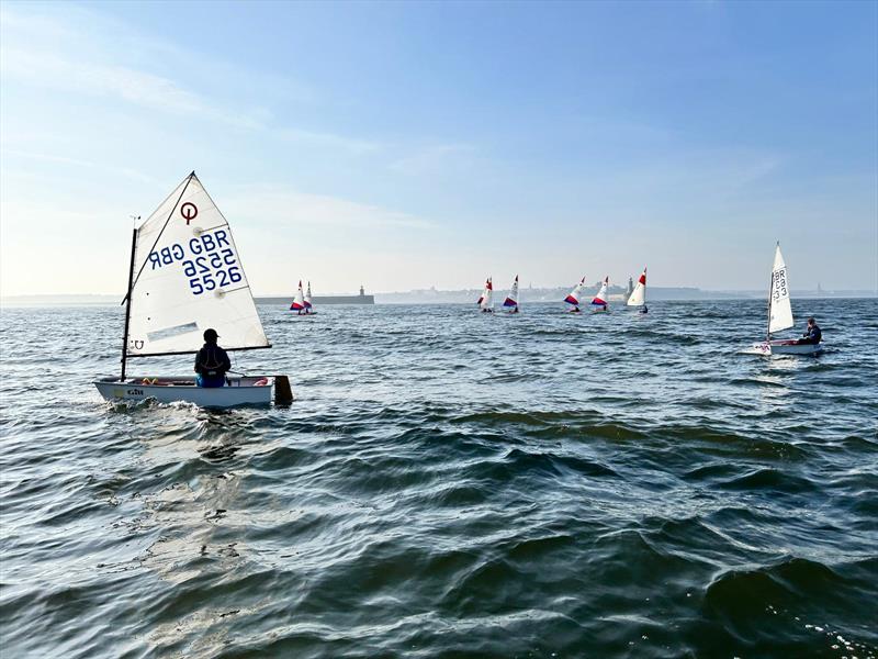 Out to sea during the NEYYSA Coaching at South Shields photo copyright NEYYSA taken at South Shields Sailing Club and featuring the Optimist class