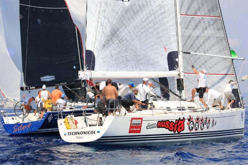 Technonicol from Estonia may have straight bullets in Class AB, but its not been easy - here they are in battle with the Czechs on Daring Sisters to leeward at the mark - 2018 ORC European Championship - photo © Nikos Pantis