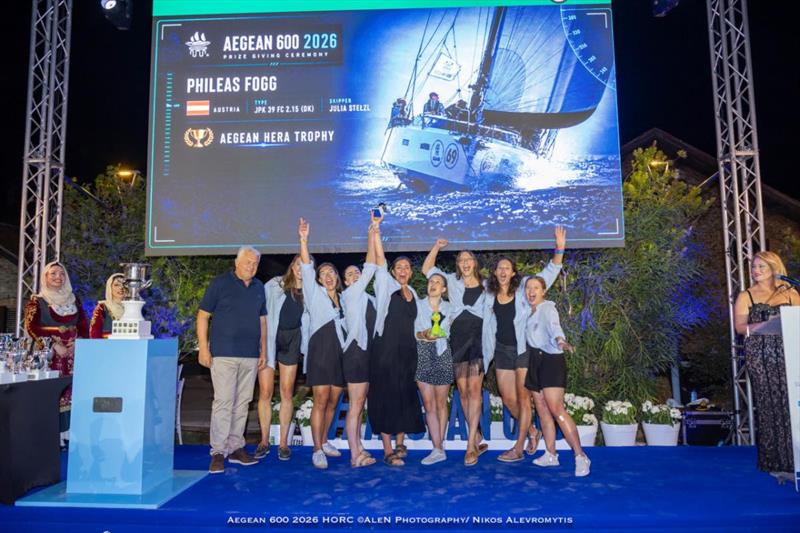 The PHILEAS FOGG (AUT) team showing their thrill at winning the Aegean Hera Trophy for being the first all-female team to finish the race - photo © Nikos Alevromytis / Alen Photography