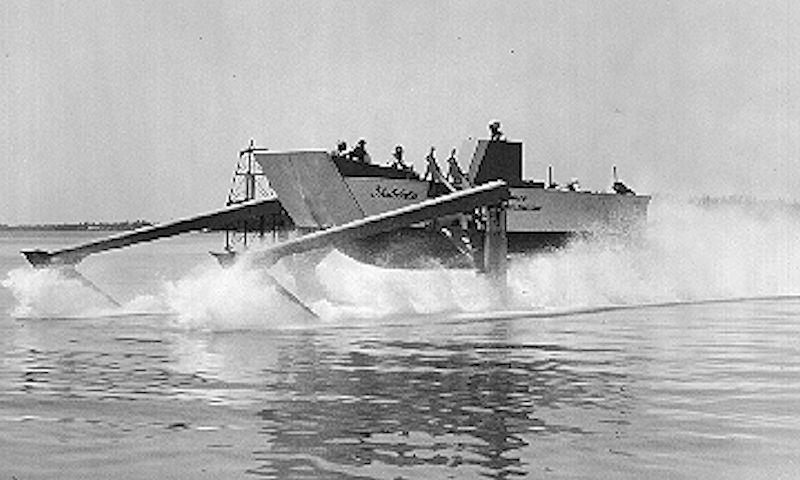 For all you Moth sailors out there, this is what the first practical wands looked like. With twin forward foils, Christopher Hook used two of his Hydrofins, with independent operation, to provide stability as well as controlling ride height. - photo © US Information Service