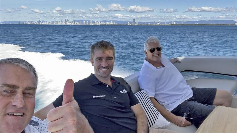 Enjoying great times and supreme weather offshore of the Gold Coast aboard Maritimo's new M55 - LtoR John Curnow, Tom Barry-Cotter, and Paul Wilson photo copyright John Curnow taken at  and featuring the Power boat class