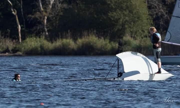 Brendan and Ellen capsized at Castle Semple in 2020 photo copyright Alex Workman taken at Castle Semple Sailing Club and featuring the RS200 class