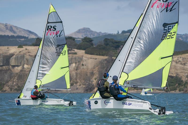 RS Fevas racing in the SailGP Inspire program - Lyttelton - March 23, 2024 photo copyright Justin Mitchell taken at Naval Point Club Lyttelton and featuring the RS Feva class