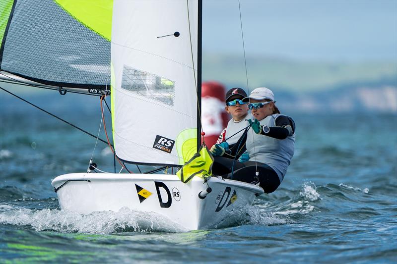 Finloe Gaites and Sofia Turner (bow) WBC/MBSC - NZ Nationals - RS Feva - Murrays Bay - May 12, 2025 - photo © Justin Mitchell www.justinmitchell.co.nz - Instagram: @jl_mitchell_