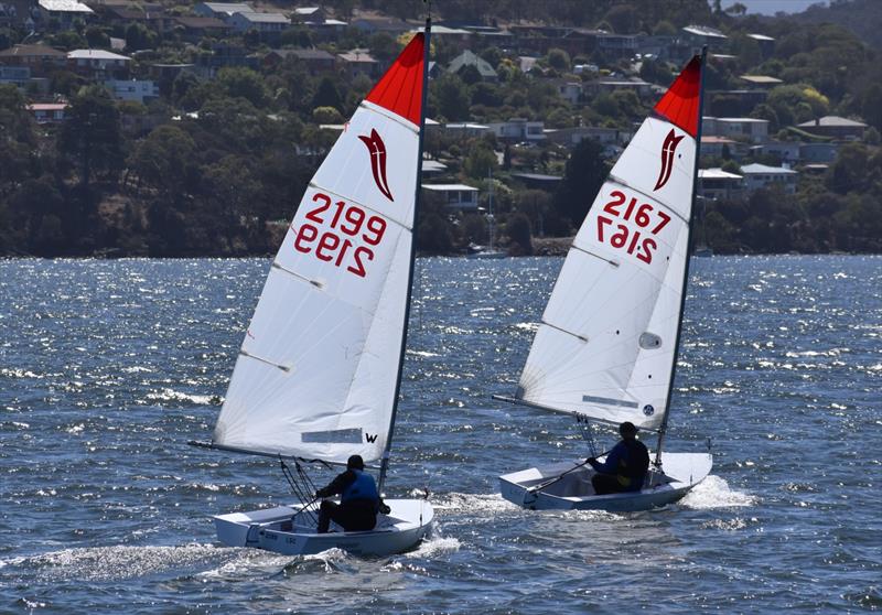 Vinylester Madness (Matt Westland) and Dinky Di (John Cerutty) are leading the Sabre Fleet in the Banjo's Shoreline Crown Series Bellerive Regatta photo copyright Jane Austin taken at Bellerive Yacht Club and featuring the Sabre class