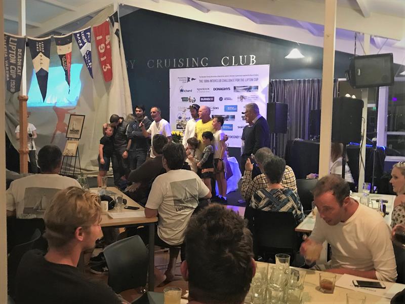 PCC Patron PJ Montgomery MBE just presented the Lipton Cup to the winning skipper Martin Robertson and his Orion crew - 100th Lipton Cup - May 1, 2021 - Ponsonby Cruising Club - photo © Ponsonby Cruising Club