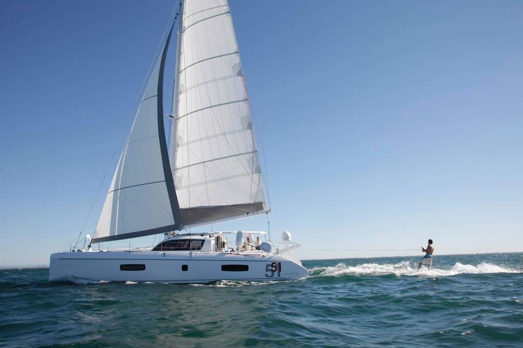 Outremer 51 with wakeboarder in tow © Ross Southam-Walker http://www.multihullcentral.com/outremer-51/