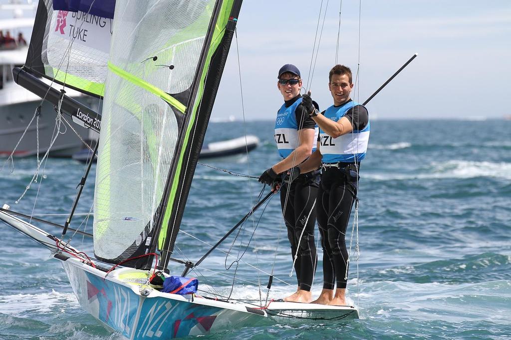 Peter Burling (left) and Blair Tuke after winning their Silver Medal at the 2012 Olympics, Weymouth photo copyright Richard Gladwell www.photosport.co.nz taken at  and featuring the  class