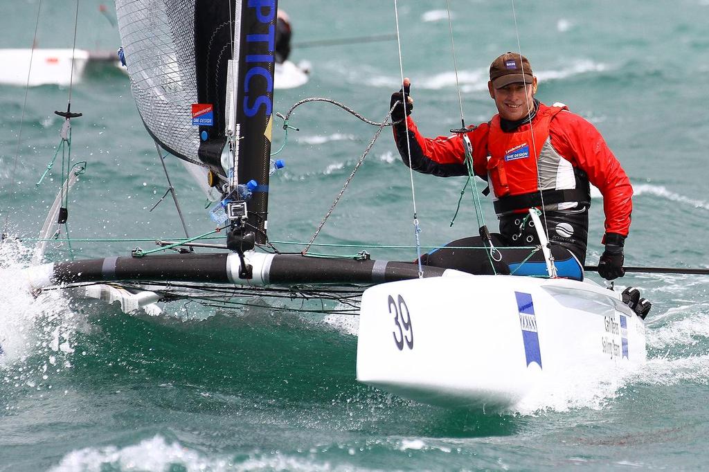 Andrew Landenberger (AUS) A-class catamaran World Championships, Day 3, Takapuna February 13, 2014 © Richard Gladwell www.photosport.co.nz