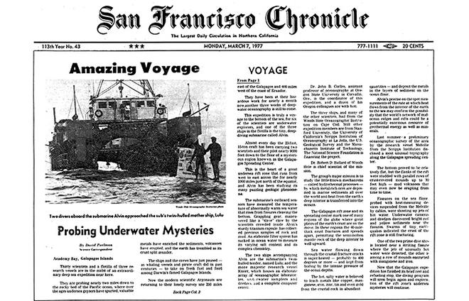 In 1977, scientists aboard Knorr made one of the most profound discoveries of the 20th century. They unexpectedly found lush communities of animals and microbes thriving without sunlight around hydrothermal vents on the seafloor in the Galpagos Rift.  © San Francisco Chronicle