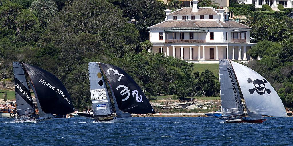 Chasing the leader on the first spinnaker run - Australian 18 Footers, League, Syd. Barnett Memorial Trophy,  Sunday, 14 December 2014, Sydney Harbour. photo copyright Australian 18 Footers League http://www.18footers.com.au taken at  and featuring the  class