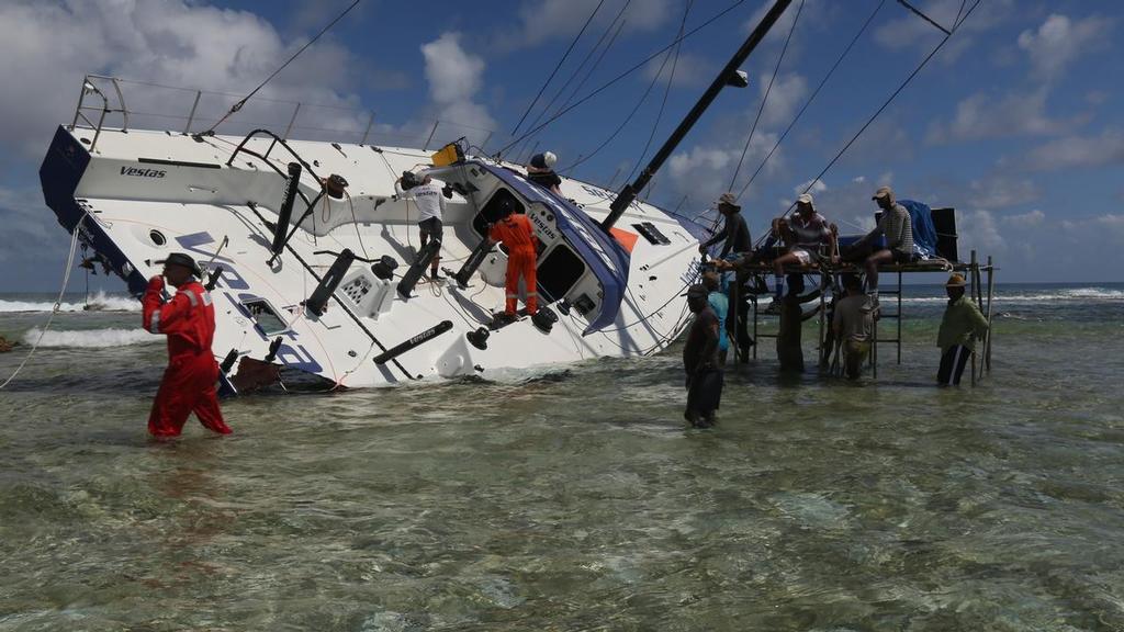 December 19, 2014. Team Vestas Wind salvage operation begins in St Brandon Island - Mauritius. © Shane Smart/Volvo Ocean Race http://www.volvooceanrace.com