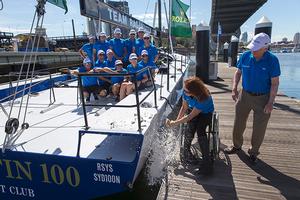 Liesl Tesch christens the boat as Syd Fischer looks on photo copyright Andrea Francolini http://www.afrancolini.com/ taken at  and featuring the  class