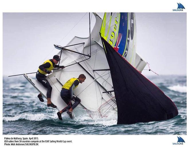 No injuries were sustained in this pitch pole in Palma - ironically Pete & Blair still won this race - Palma and Hyeres World cups © Mick Anderson SAILINGPIX.DK