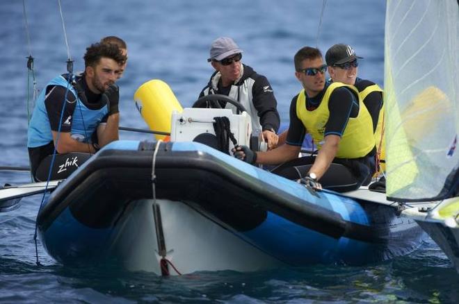 NZL 49er team between medal/theatre races in Hyeres (left-right Josh, Marcus, Hamish, Blair, Pete) - Palma and Hyeres World cups © Hyeres regatta media