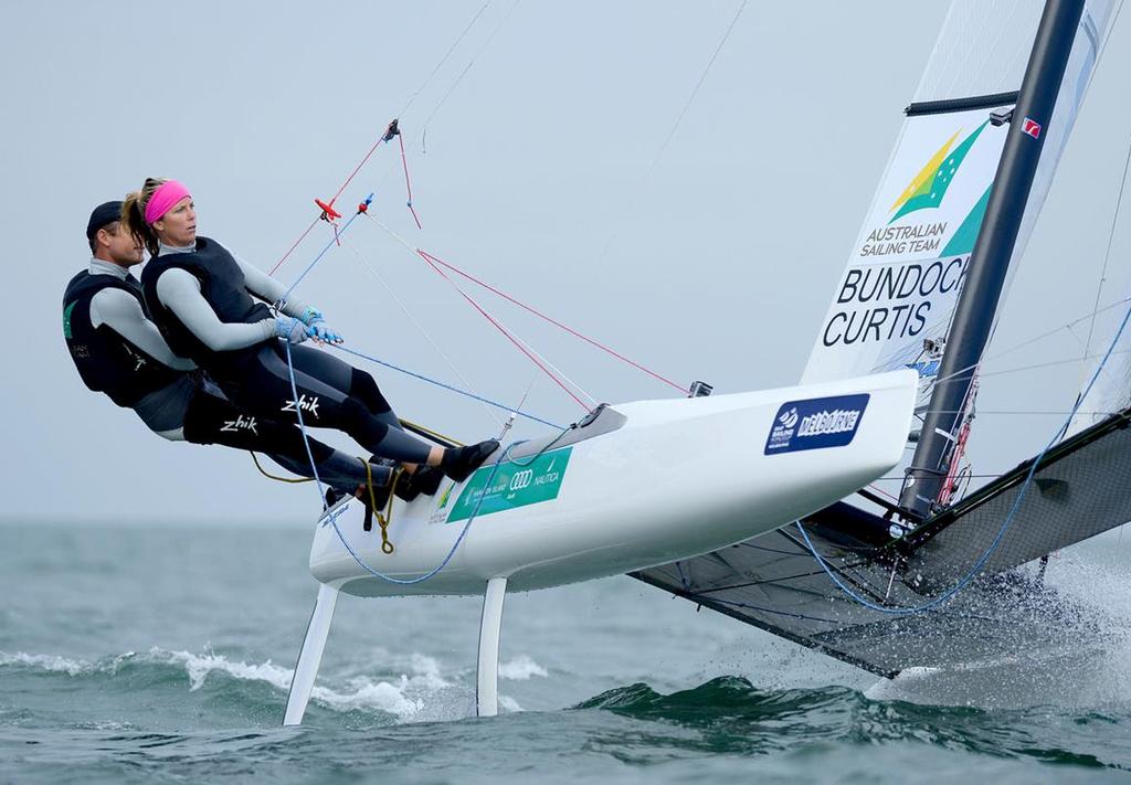 Australia's Nacra 17 sailors Darren Bundock and Nina Curtis. © Jeff Crow/ Sport the Library http://www.sportlibrary.com.au