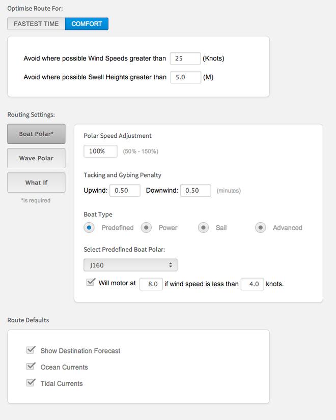 2. Advanced-settings - Set other preferences for your boat - chose the boat polar from the drop-down list or select one that is close and then adjust using the Polar Speed adjustment. Select at the top whether you want a performance or cruising course option. If selecting the latter you can key in wind and wave parameters to give a comfortable ride. If Performance routing is used Predictwind will chose the course which will get your boat to its destination in the fastest possible time, sailing at the fastest wind angles - PredictWind Routing module © PredictWind http://www.predictwind.com
