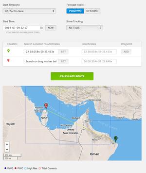 1. Initial-settings - set your start point (green marker) and your end of trip marker (brown marker). Set the correct time or use ``Now`` to  use the current time. (You can also enter the start finish co-ordinates (from your on-board GPS) in the boxes to get more precise start and end point positioning - PredictWind Routing module photo copyright PredictWind http://www.predictwind.com taken at  and featuring the  class