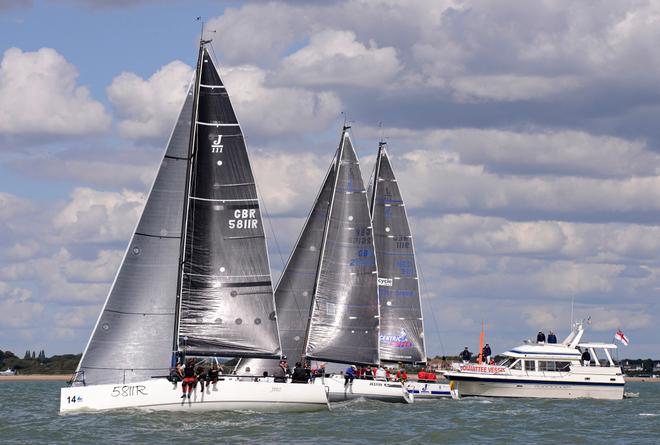 Close finish of race 7 Jeez Louise, Jelvis, Xcentric Ripper 2014 J111 World Championship Cowes Isle of Wight England. 22 August 2014 Race 5,6 and 7 © Stuart Johnstone