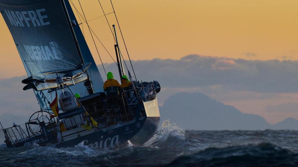 Team Telefonica on their way to Gibraltar at sunset, on leg 1 of the Volvo Ocean Race 2011-12 from Alicante, Spain to Cape Town, South Africa. © Volvo Ocean Race http://www.volvooceanrace.com
