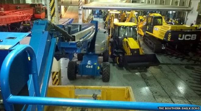 JCBs destined for the Middle East are among the machinery on board the stranded vessel, shown before the ship left Southampton - Hoegh Osaka ran aground. © The Southern Daily Echo