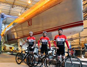 Three of the Wild Oats XI Variety Cycle team, Steve Jarvin, Nathan Ellis and Josh Whittaker, are ready to ride to Hobart, starting tomorrow. Wild Oats XI, in the background, is being prepared to contest this year’s Trans Pac Race, from Los Angeles to Hawaii. photo copyright TJ Edwards taken at  and featuring the  class