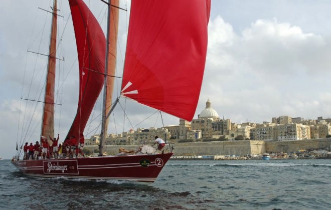Steinlager Mediterranean Bank Thuraya, second real time arrives to Valletta in the 2005 Rolex Middle Sea Race. &copy;  Rolex/ Kurt Arrigo http://www.regattanews.com