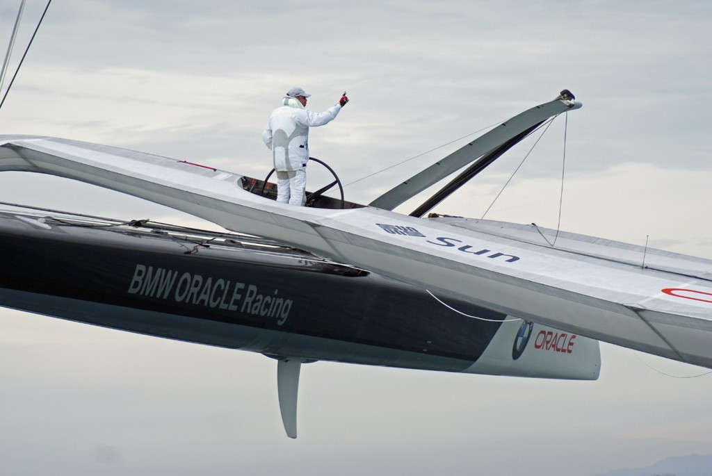 Larry Ellison in flight mode during Practice Day, 2010 America’s Cup photo copyright Richard Gladwell www.photosport.co.nz taken at  and featuring the  class