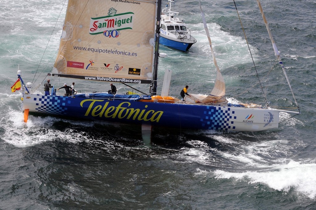 Telefonica Blue run aground the start of leg 9 from Marstrand to Stockholm<br />
<br />
They hit rocks while racing at approximately 14 knots of boatspeed. After 2 hours of attempts by pilot boats and the coastguard, the boat was finally freed and has made its way back to Marstrand for a full inspection<br />
 ©  David Kneale/Volvo Ocean Race http://www.volvooceanrace.com/