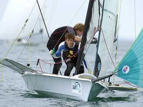 Jake Bartrom and Craig Prentice (NZL) lie in fifth place in the 49er class. © Jeff Crow/ Sport the Library http://www.sportlibrary.com.au