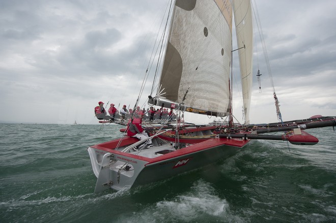 2011 June 17, Lindau Germany RUND UM,  a race with lot of rain, the winer is the Swiss Multihull Holy Smoke of Andreas Schiesser, build 1989. Libera PaulLeibinger (ex Raffica) from Hungary © Juerg Kaufmann go4image.com http://www.go4image.com