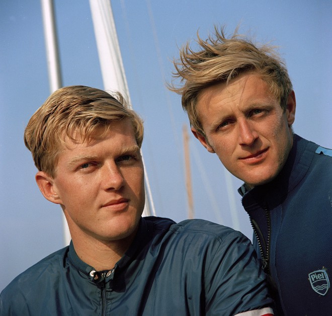 Circa 1968: Rodney Pattisson (right) and crewman Ian MacDonald-Smith, Gold medal winners at the Mexico Olympic yachting regatta in the Flying Dutchman two-man trapeze dinghy, sailing their boat, ’Supercalifragilisticexpialidosious’ (Superdoso) © Eileen Ramsay / PPL http://www.pplmedia.com