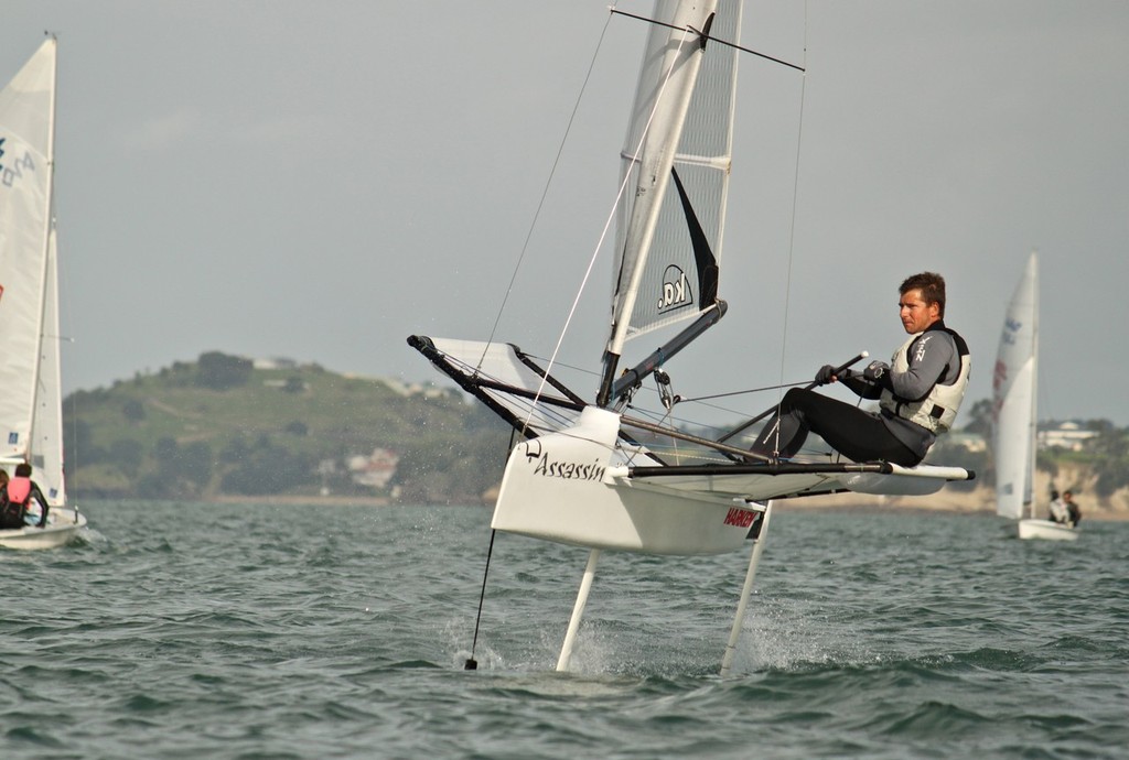 Andrew Brown sailing a foiling moth at Takapuna Beach © Georgia Schofield