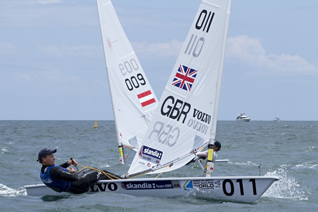 Day 13, GBR Paul Goodison ahead of AUT Andreas Geritzer - Perth 2011 ISAF Sailing World Championships ©  Alex McKinnon Photography http://www.alexmckinnonphotography.com