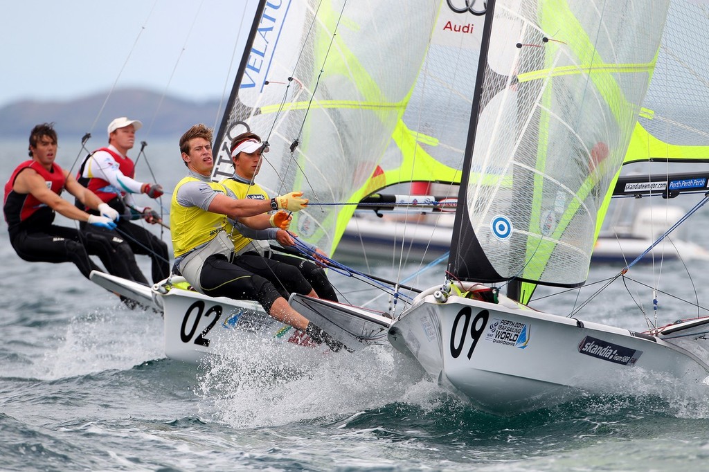 Perth, WA - December 15: John Pink, Rick Peacock, 49er December 15, 2011 off Fremantle, Australia. (Photo by Richard Langdon)

?Perth 2011 ISAF Sailing World Championships, 3rd-18th December 2011.?
Perth 2011 image.??For further information please contact richard@oceanimages.co.uk
+44 7850 913500
+61 478 221797??© Richard Langdon. This image may not be used for any other purpose without the express prior written permission of Richard Langdon.? - ISAF Saili photo copyright  Richard Langdon /Perth 2011 http://www.perth2011.com taken at  and featuring the  class