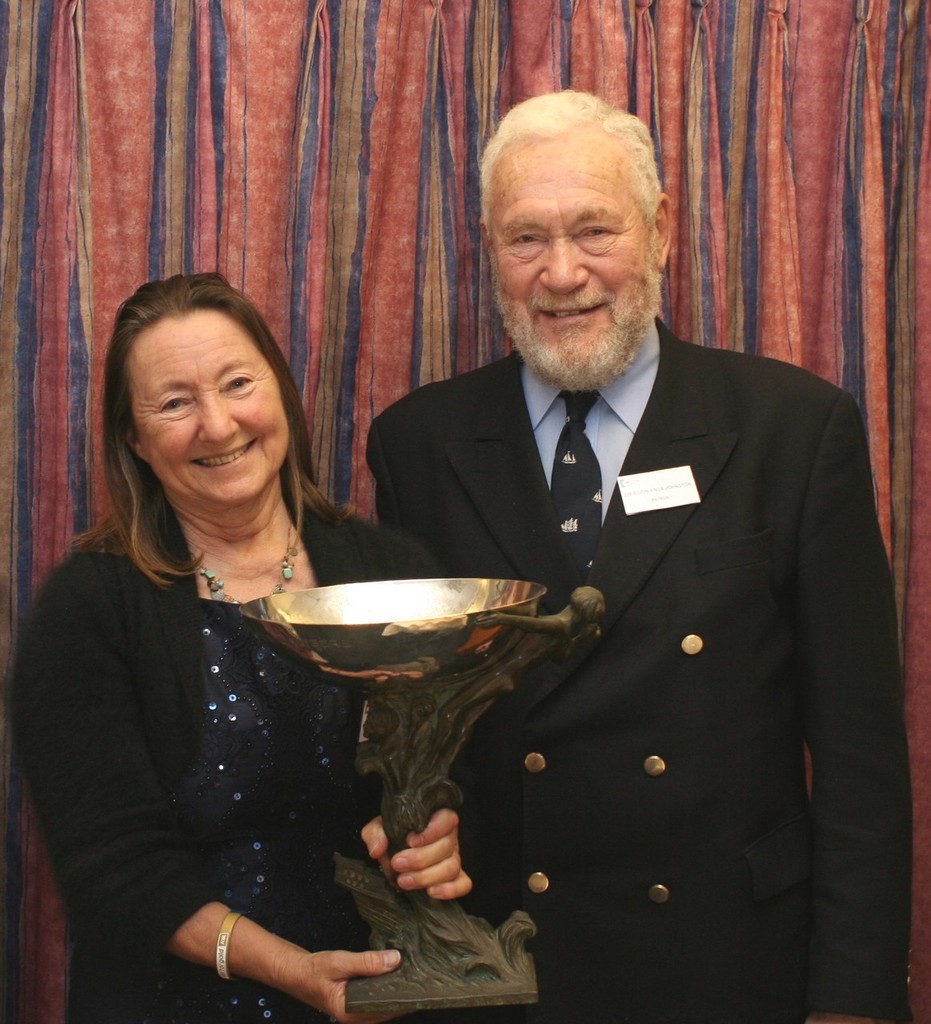Jeanne Socrates accepts the Duchess of Kent Trophy from Sir Robin Knox-Johnston - photo © SW