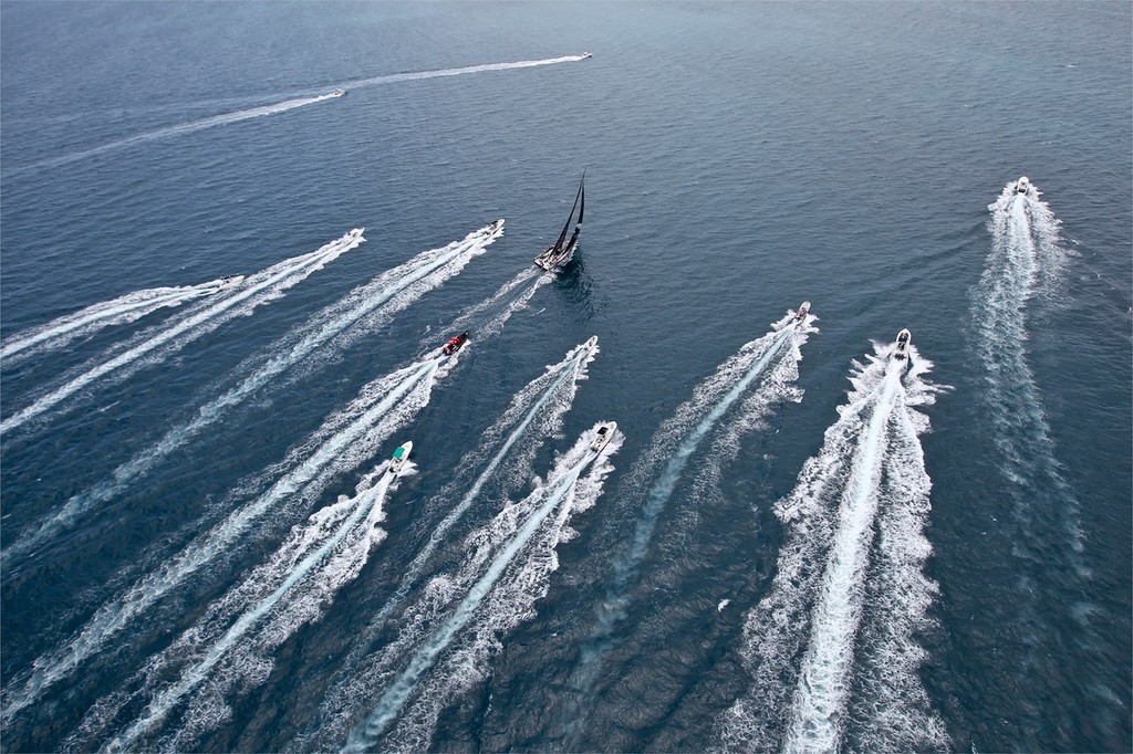 Leaders Puma are followed in by media and spectator RIB’s as they close down on the finish line of leg 6 from Itajai, Brazil, to Miami, USA, during the Volvo Ocean Race 2011-12. © Ian Roman/Volvo Ocean Race http://www.volvooceanrace.com