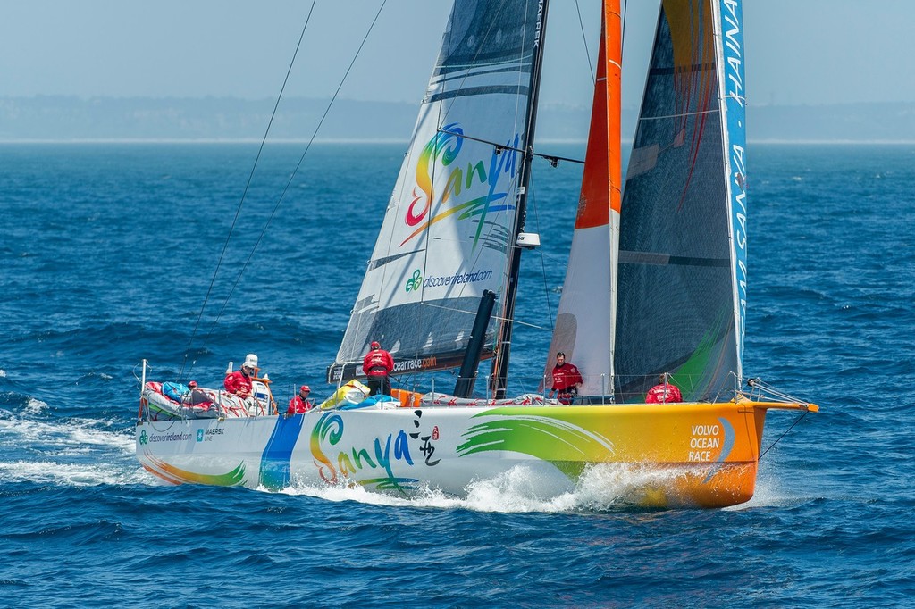 Team Sanya, skippered by Mike Sanderson from New Zealand, chasing the fleet, at the start of leg 8 from Lisbon, Portugal to Lorient, France, during the Volvo Ocean Race 2011-12. (Credit: PAUL TODD/Volvo Ocean Race) photo copyright Paul Todd/Volvo Ocean Race http://www.volvooceanrace.com taken at  and featuring the  class